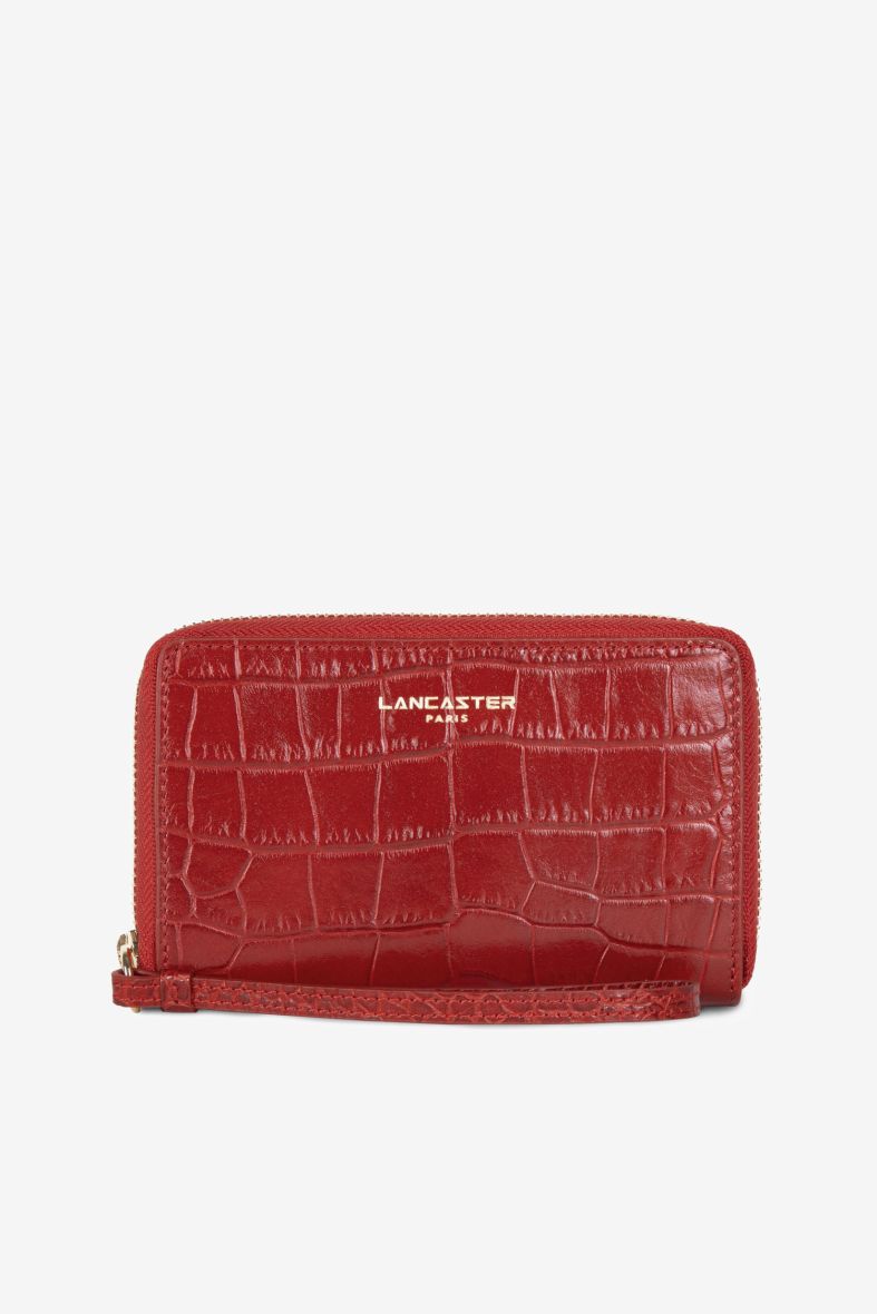 Compagnon Zippé Lancaster Exotic Croco Rouge Un Cuir De Vachette